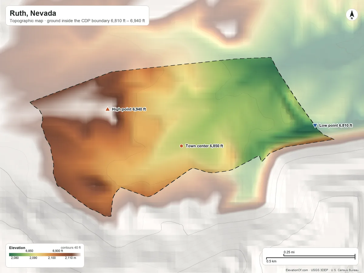Topographic elevation map of Ruth, Nevada, shaded from 6,810 ft on the east side to 6,940 ft at the foot of the Egan Range