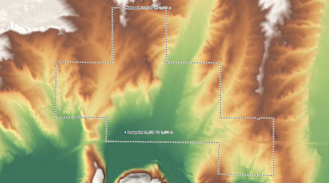 Topographic elevation map of Ryndon, Nevada, shaded from 5,150 ft on the southwest side to 5,380 ft on the northwest side