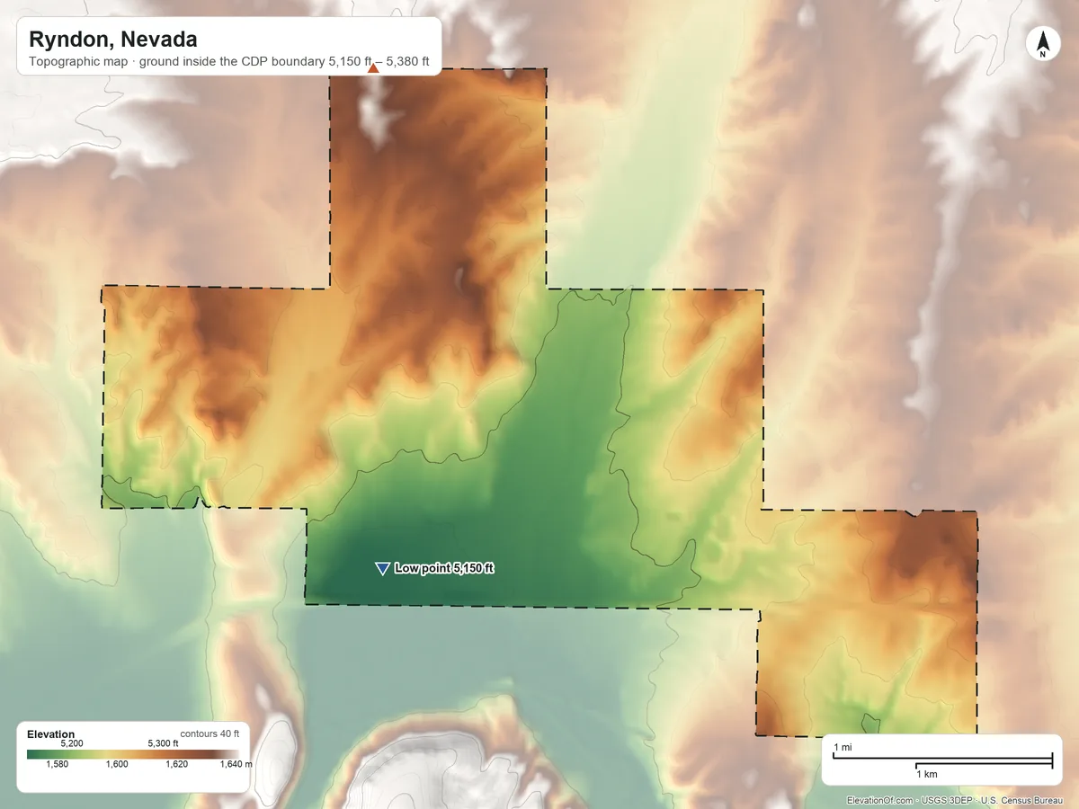 Topographic elevation map of Ryndon, Nevada, shaded from 5,150 ft on the southwest side to 5,380 ft on the northwest side