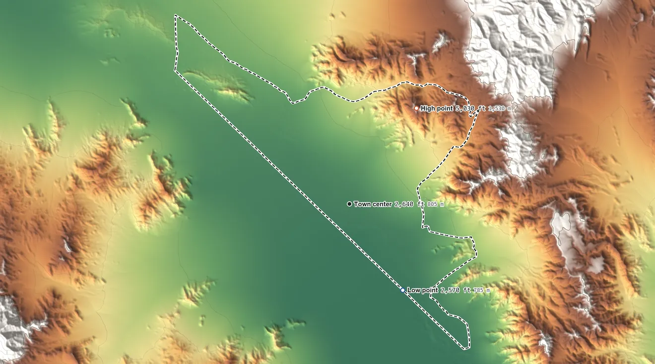 Topographic elevation map of Sandy Valley, Nevada, shaded from 2,570 ft on the southeast side to 5,030 ft on Ragged Peak