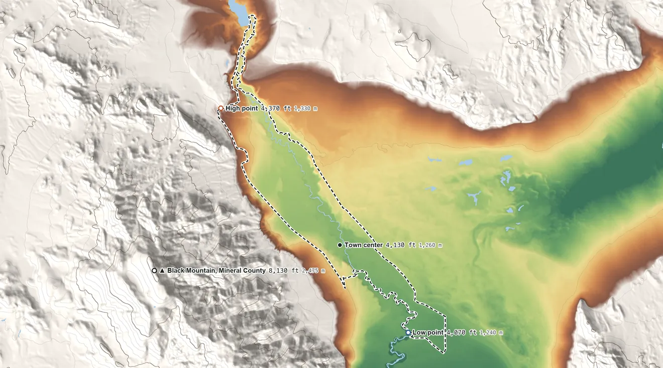 Topographic elevation map of Schurz, Nevada, shaded from 4,070 ft on the southeast side to 4,370 ft at the foot of the Calico Hills