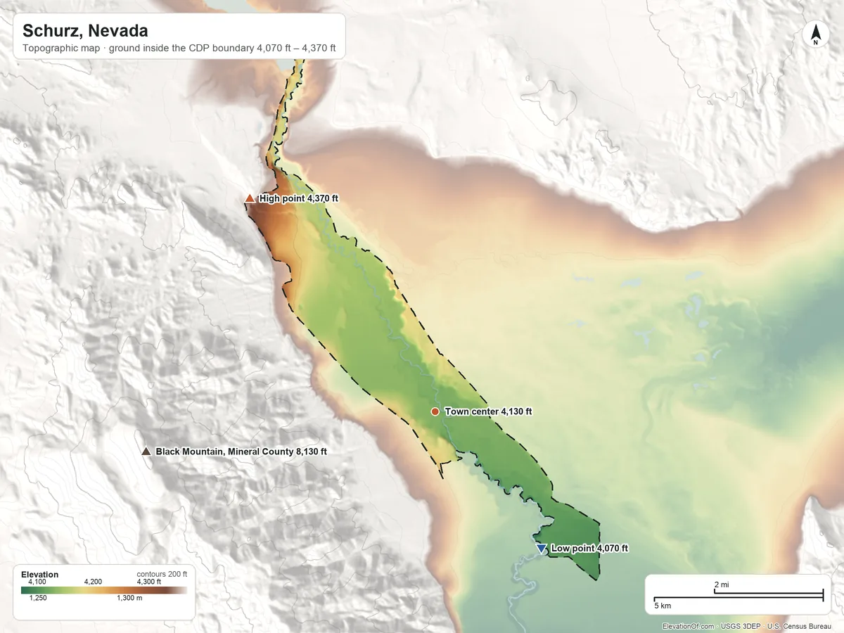 Topographic elevation map of Schurz, Nevada, shaded from 4,070 ft on the southeast side to 4,370 ft at the foot of the Calico Hills