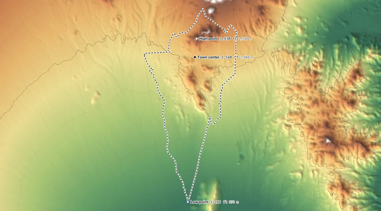 Topographic elevation map of Searchlight, Nevada, shaded from 3,180 ft on the south side to 3,930 ft on Doherty Mountain