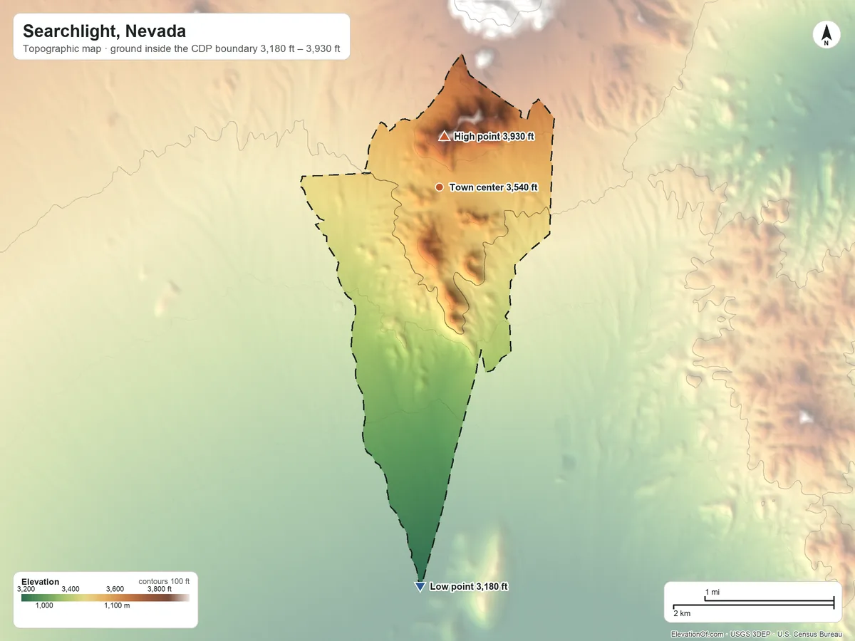 Topographic elevation map of Searchlight, Nevada, shaded from 3,180 ft on the south side to 3,930 ft on Doherty Mountain