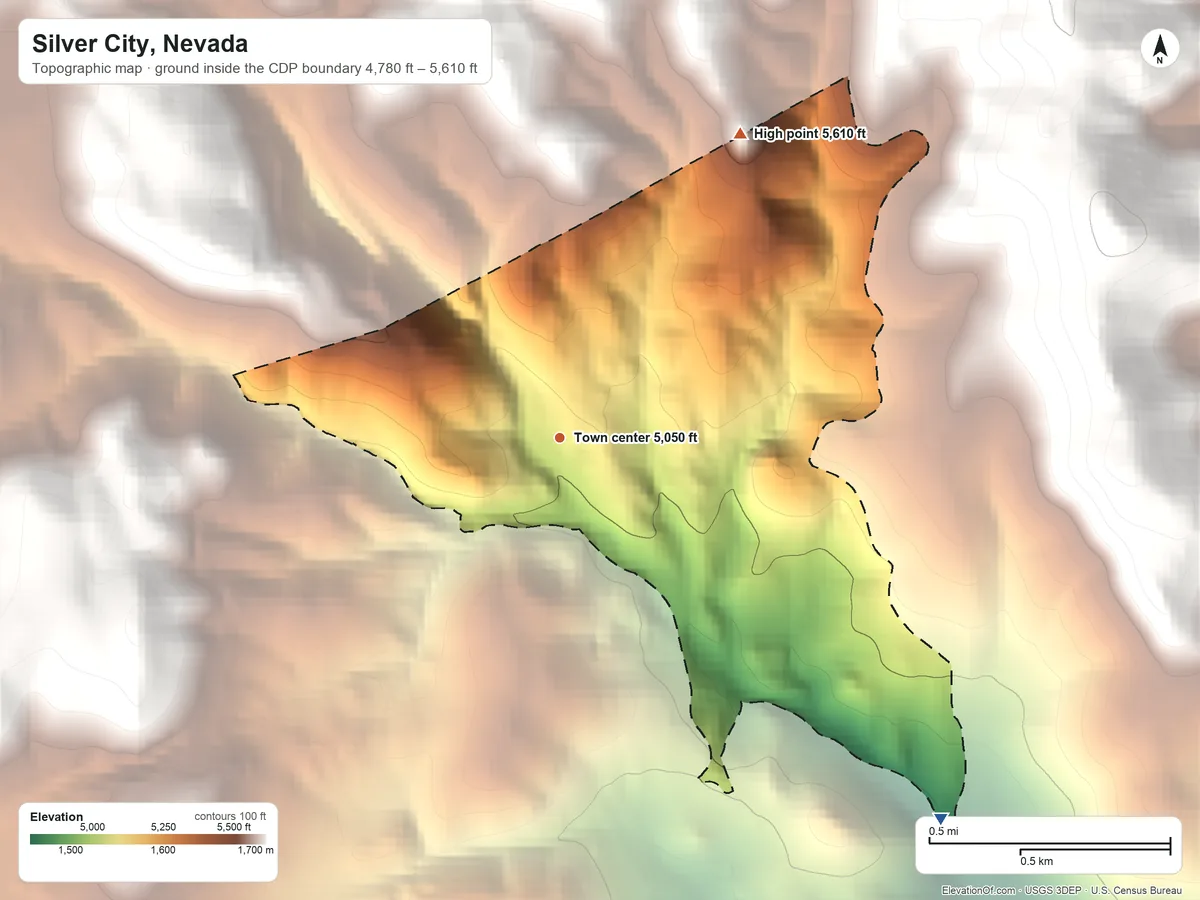 Topographic elevation map of Silver City, Nevada, shaded from 4,780 ft on the southeast side to 5,610 ft at the foot of the Virginia Range