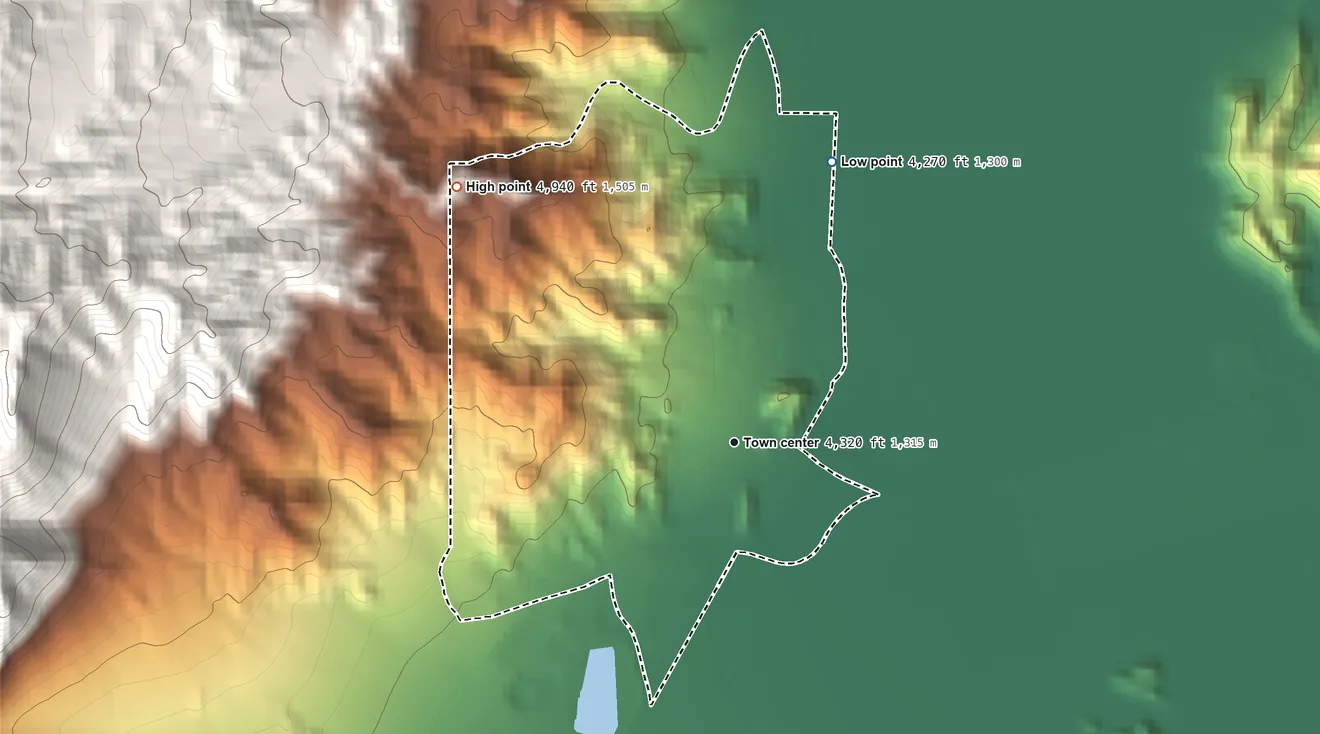 Topographic elevation map of Silver Peak, Nevada, shaded from 4,270 ft on the north side to 4,940 ft at the foot of the Clayton Ridge