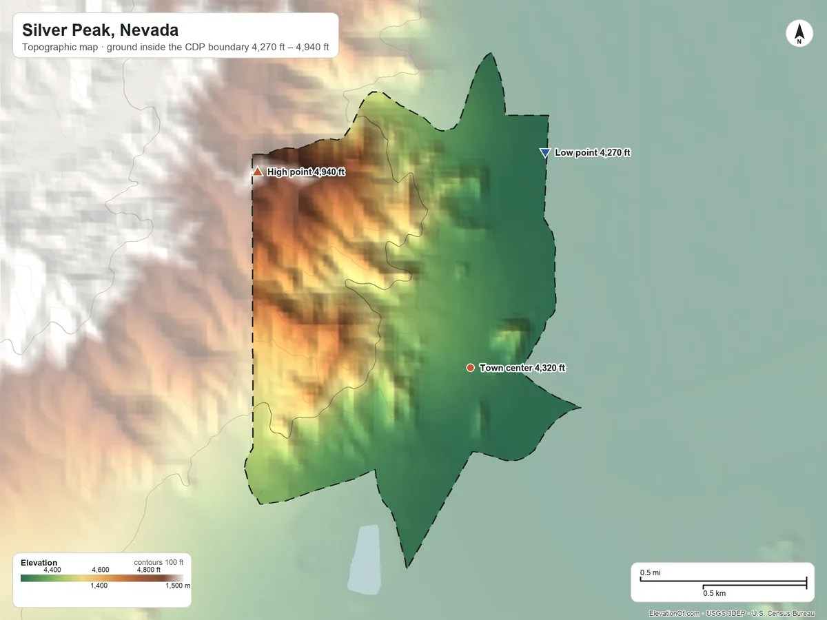 Topographic elevation map of Silver Peak, Nevada, shaded from 4,270 ft on the north side to 4,940 ft at the foot of the Clayton Ridge