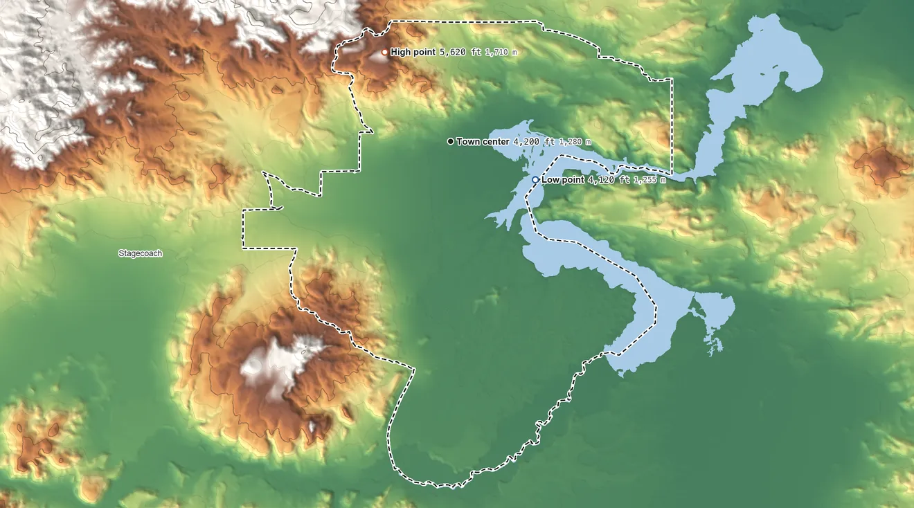 Topographic elevation map of Silver Springs, Nevada, shaded from 4,120 ft on the southeast side to 5,620 ft at the foot of the Fernley Hills