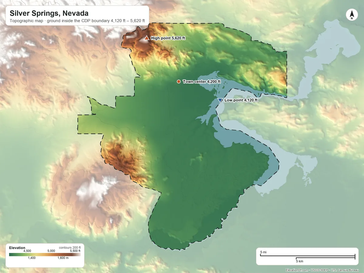 Topographic elevation map of Silver Springs, Nevada, shaded from 4,120 ft on the southeast side to 5,620 ft at the foot of the Fernley Hills