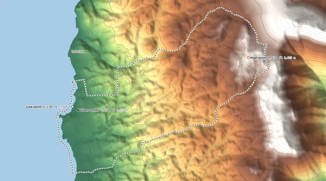 Topographic elevation map of Skyland, Nevada, shaded from 6,230 ft near the middle to 8,610 ft at the foot of the Indian Hills