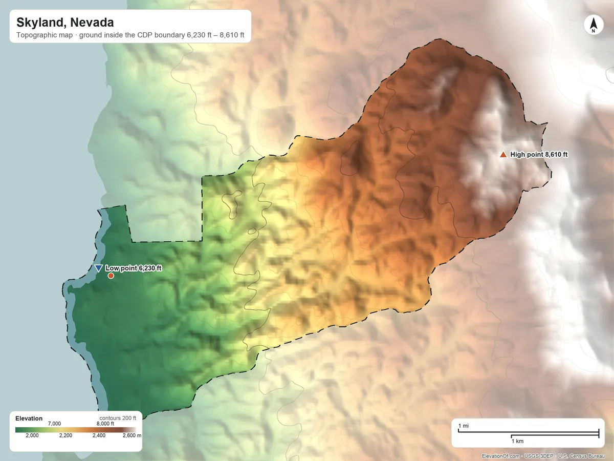 Topographic elevation map of Skyland, Nevada, shaded from 6,230 ft near the middle to 8,610 ft at the foot of the Indian Hills