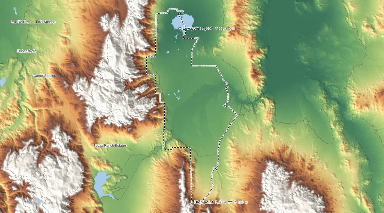 Topographic elevation map of Smith Valley, Nevada, shaded from 4,550 ft on the north side to 7,200 ft at the foot of the Wellington Hills