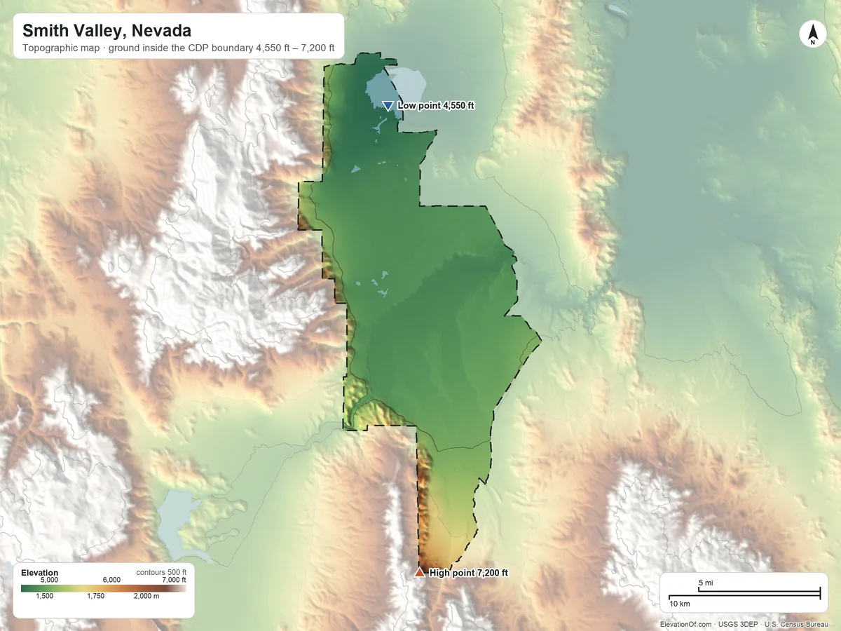 Topographic elevation map of Smith Valley, Nevada, shaded from 4,550 ft on the north side to 7,200 ft at the foot of the Wellington Hills