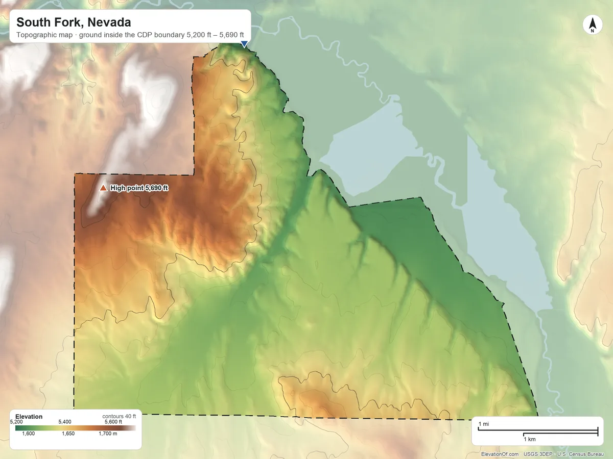 Topographic elevation map of South Fork, Nevada, shaded from 5,200 ft on the northwest side to 5,690 ft on the west side