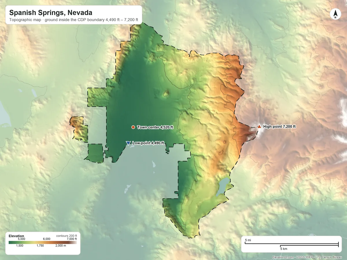 Topographic elevation map of Spanish Springs, Nevada, shaded from 4,490 ft near the middle to 7,200 ft on the east edge, below higher ground just outside