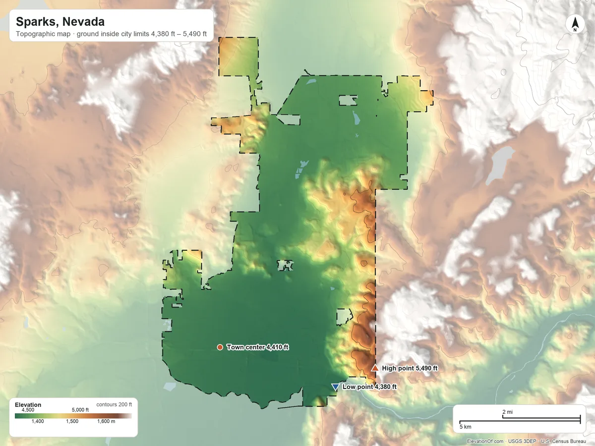 Topographic elevation map of Sparks, Nevada, shaded from 4,380 ft on the east side to 5,490 ft at the foot of the Junction House Range