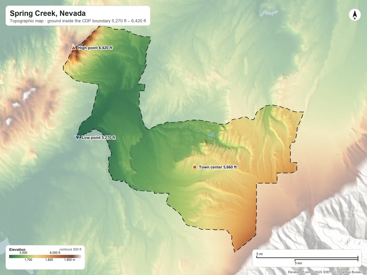 Topographic elevation map of Spring Creek, Nevada, shaded from 5,270 ft on the west side to 6,420 ft on the northwest side