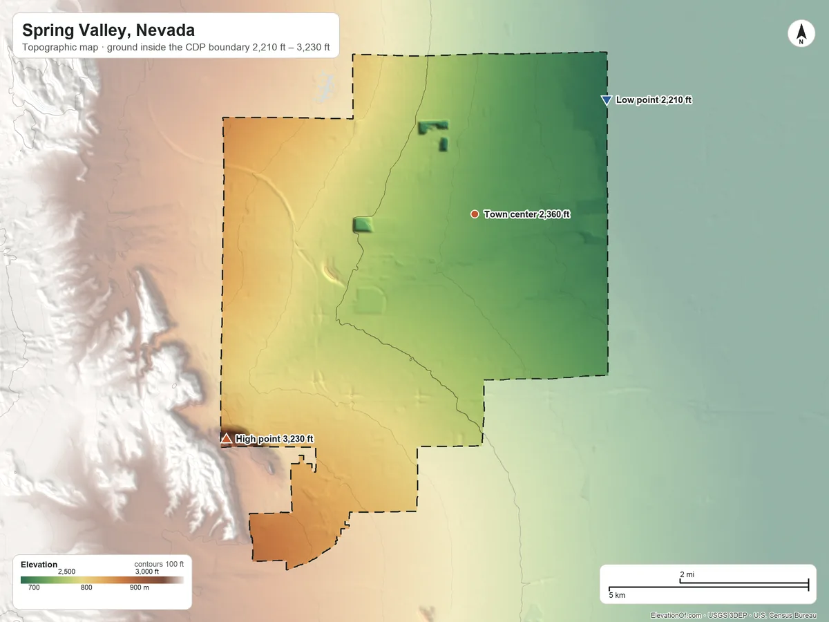 Topographic elevation map of Spring Valley, Nevada, shaded from 2,210 ft on the northeast side to 3,230 ft on the southwest side