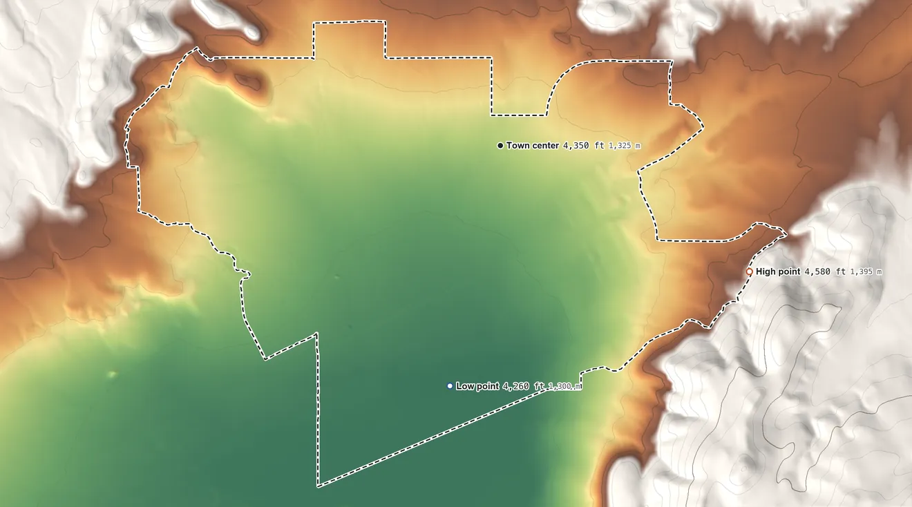 Topographic elevation map of Stagecoach, Nevada, shaded from 4,260 ft on the south side to 4,580 ft at the foot of the Flowery Range