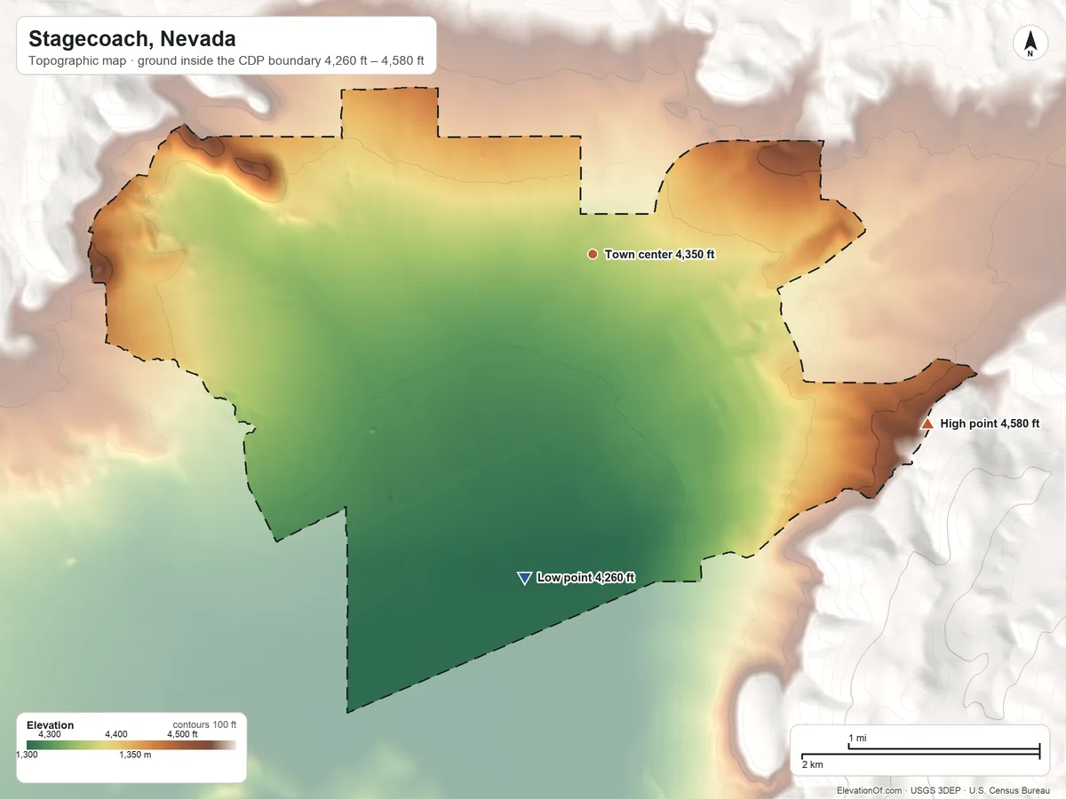 Topographic elevation map of Stagecoach, Nevada, shaded from 4,260 ft on the south side to 4,580 ft at the foot of the Flowery Range