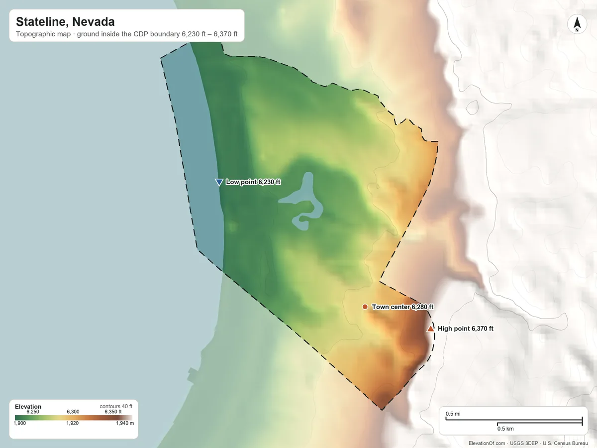 Topographic elevation map of Stateline, Nevada, shaded from 6,230 ft on the northwest side to 6,370 ft at the foot of the Indian Hills