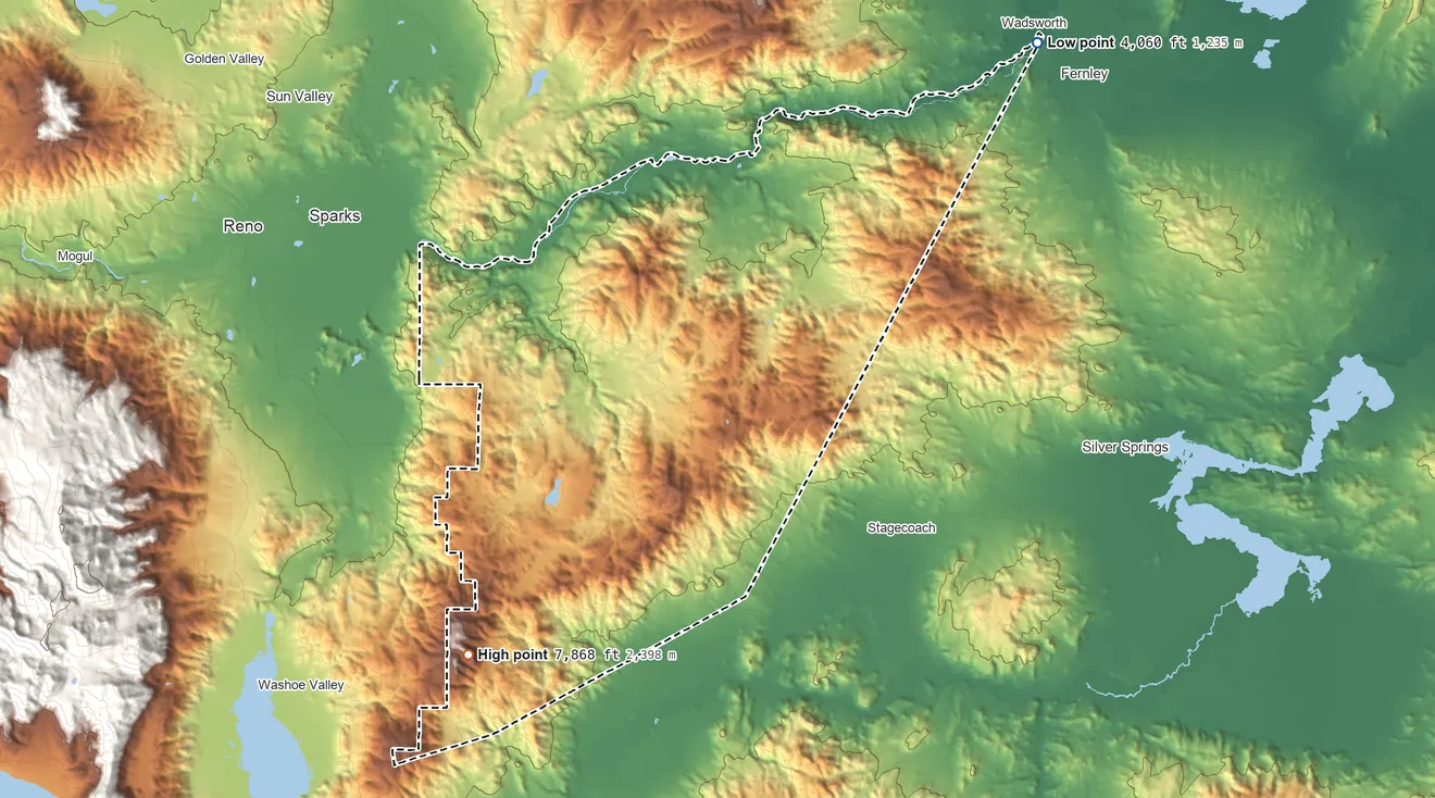 Topographic elevation map of Storey County, Nevada, shaded from 4,060 ft on the northeast side to 7,868 ft on Mount Davidson