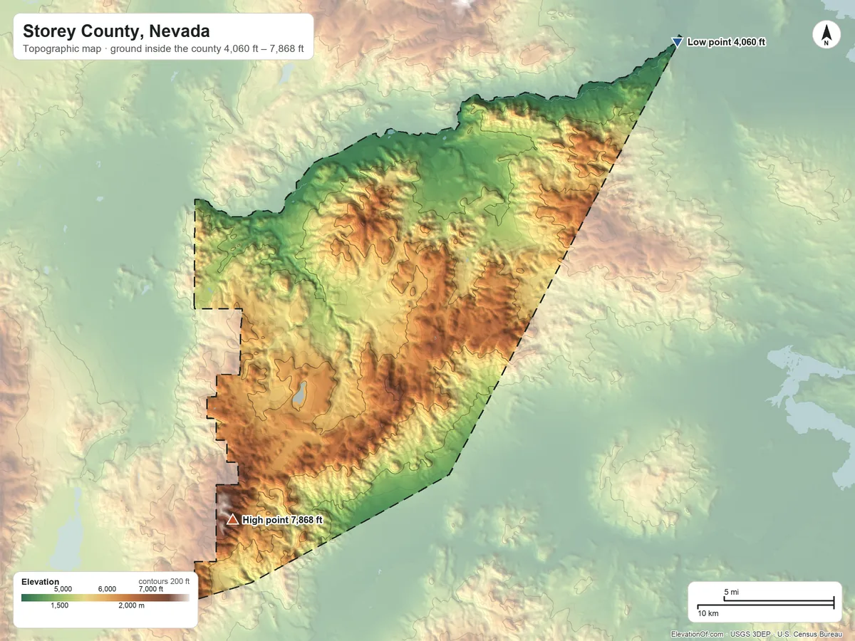 Topographic elevation map of Storey County, Nevada, shaded from 4,060 ft on the northeast side to 7,868 ft on Mount Davidson