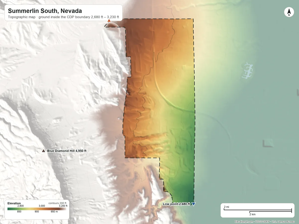 Topographic elevation map of Summerlin South, Nevada, shaded from 2,680 ft on the south side to 3,230 ft on the northwest edge, below higher ground just outside