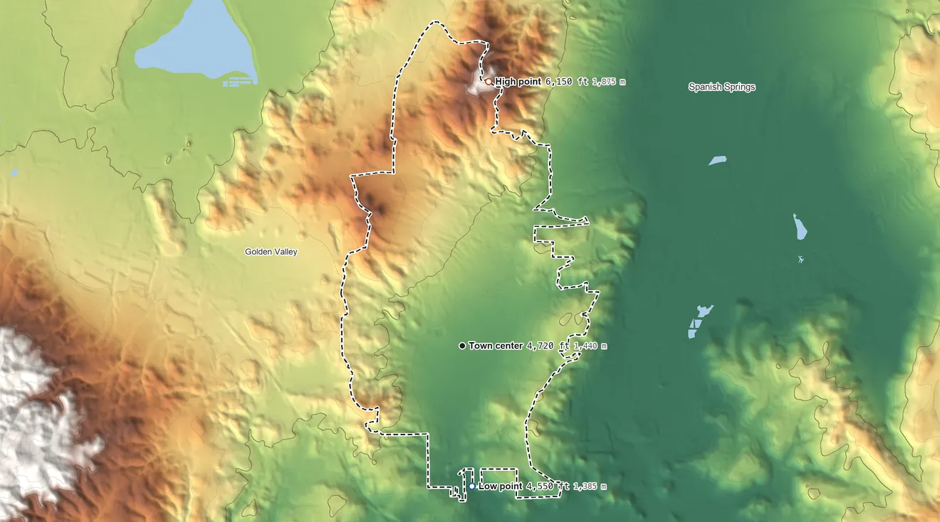 Topographic elevation map of Sun Valley, Nevada, shaded from 4,550 ft on the south side to 6,150 ft on the north side