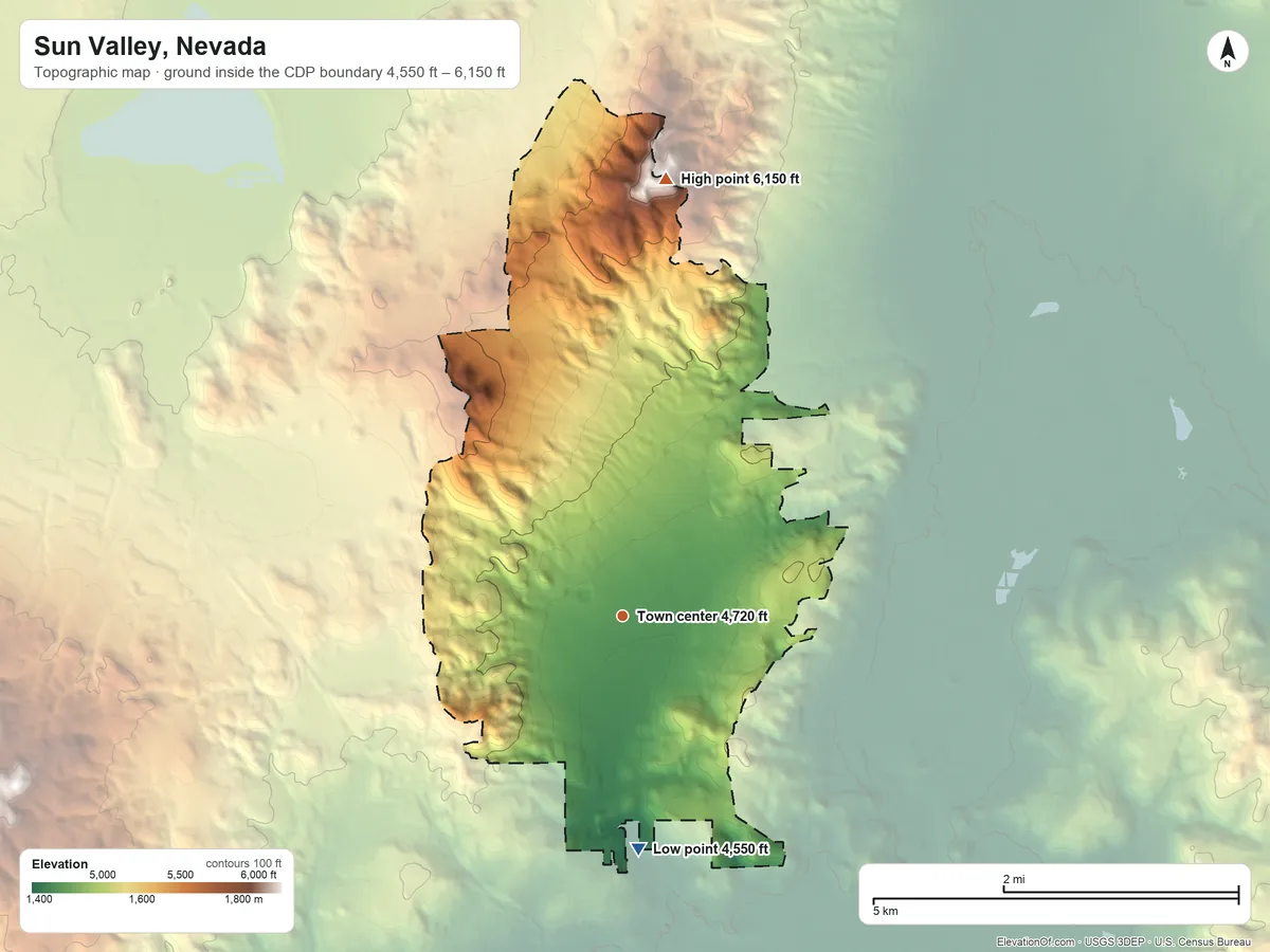 Topographic elevation map of Sun Valley, Nevada, shaded from 4,550 ft on the south side to 6,150 ft on the north side