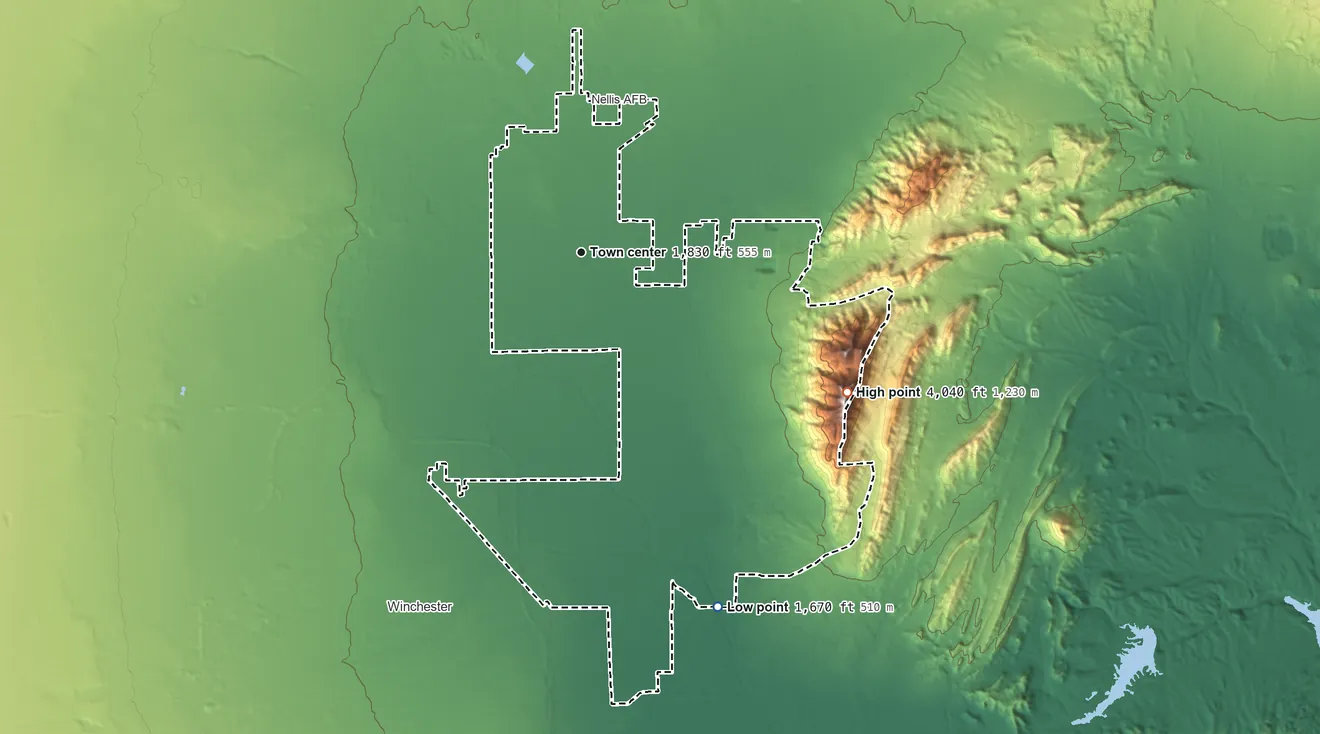 Topographic elevation map of Sunrise Manor, Nevada, shaded from 1,670 ft on the south side to 4,040 ft on Frenchman Mountain