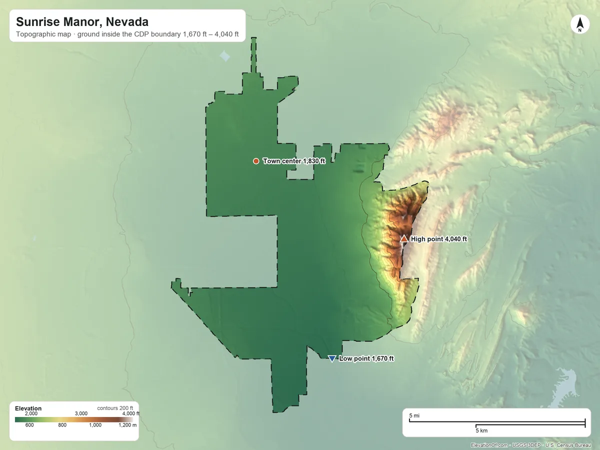 Topographic elevation map of Sunrise Manor, Nevada, shaded from 1,670 ft on the south side to 4,040 ft on Frenchman Mountain