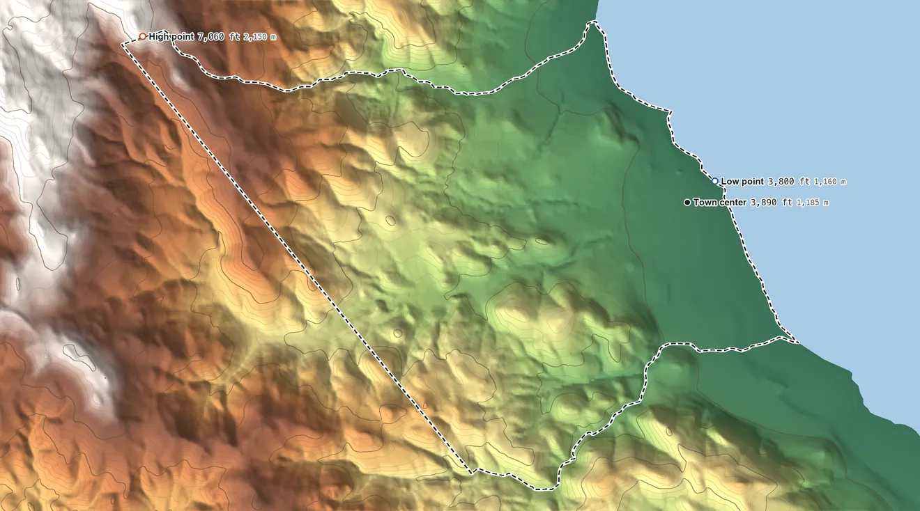Topographic elevation map of Sutcliffe, Nevada, shaded from 3,800 ft near the middle to 7,060 ft at the foot of the Virginia Mountains