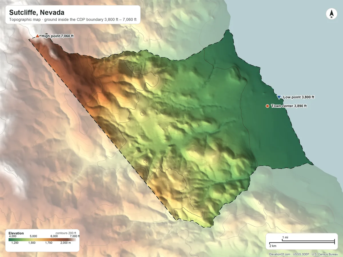 Topographic elevation map of Sutcliffe, Nevada, shaded from 3,800 ft near the middle to 7,060 ft at the foot of the Virginia Mountains