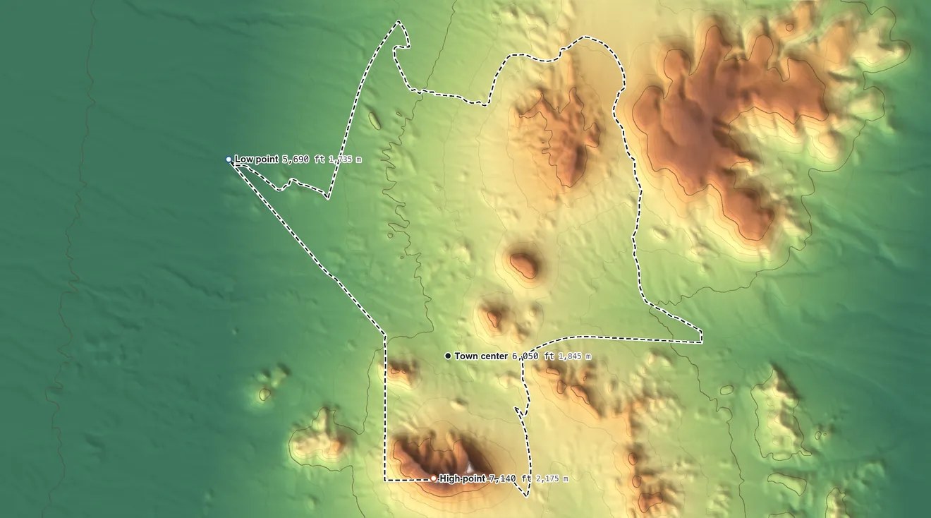 Topographic elevation map of Tonopah, Nevada, shaded from 5,690 ft on the northwest side to 7,140 ft on Mount Butler