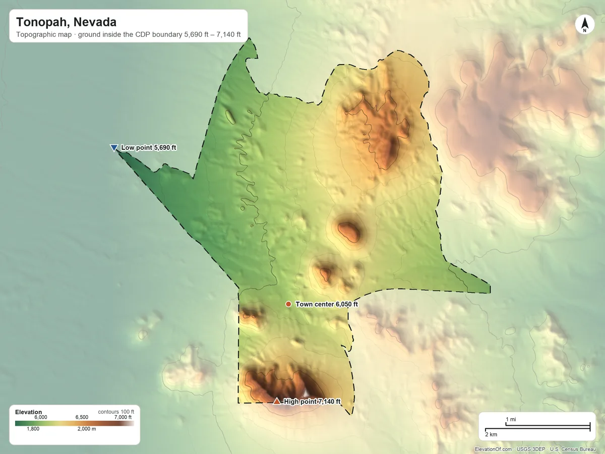 Topographic elevation map of Tonopah, Nevada, shaded from 5,690 ft on the northwest side to 7,140 ft on Mount Butler