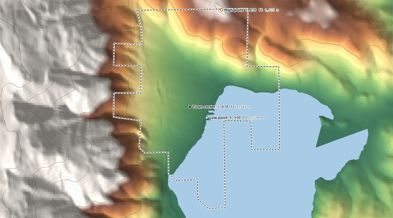 Topographic elevation map of Topaz Lake, Nevada, shaded from 4,990 ft near the middle to 6,010 ft at the foot of the Pine Nut Mountains