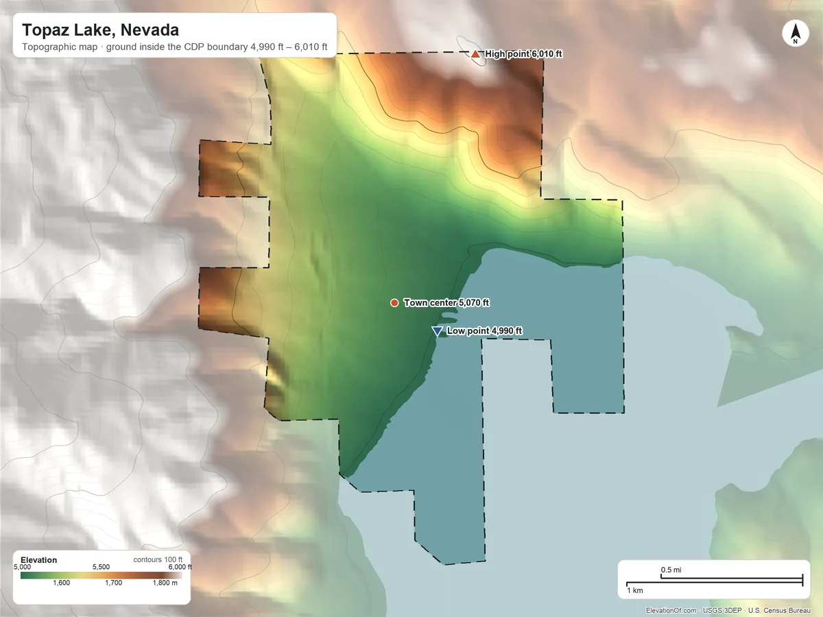 Topographic elevation map of Topaz Lake, Nevada, shaded from 4,990 ft near the middle to 6,010 ft at the foot of the Pine Nut Mountains