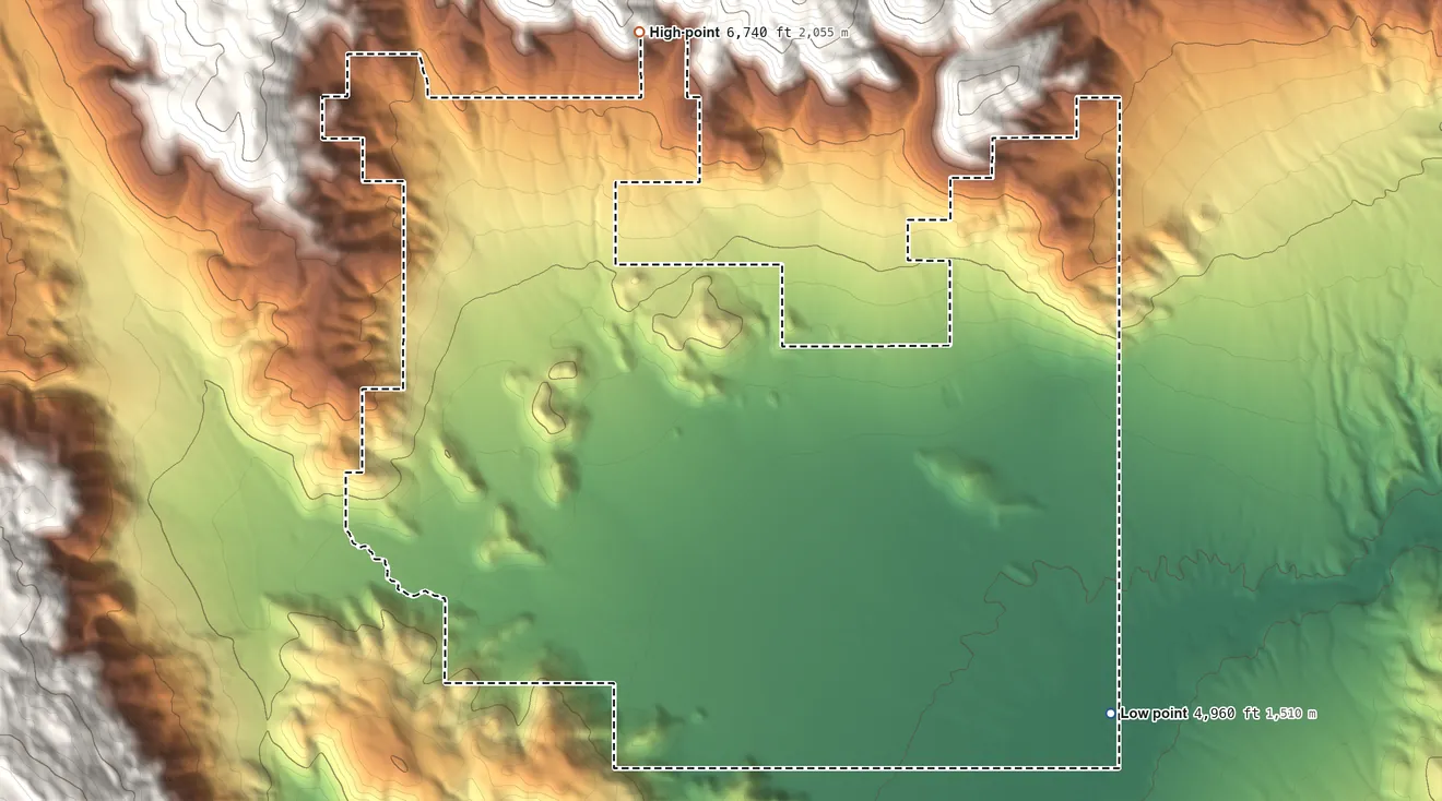 Topographic elevation map of Topaz Ranch Estates, Nevada, shaded from 4,960 ft on the southeast side to 6,740 ft at the foot of the Pine Nut Mountains