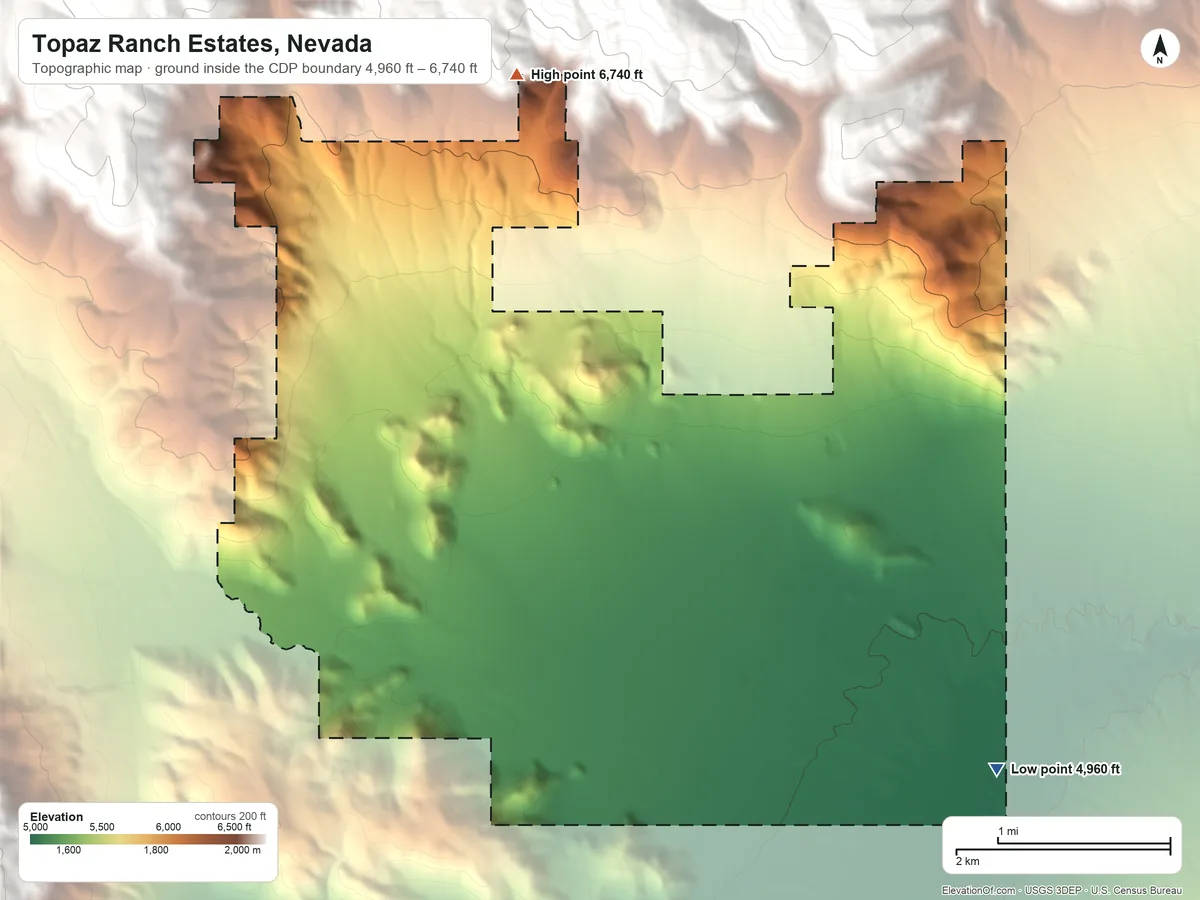Topographic elevation map of Topaz Ranch Estates, Nevada, shaded from 4,960 ft on the southeast side to 6,740 ft at the foot of the Pine Nut Mountains
