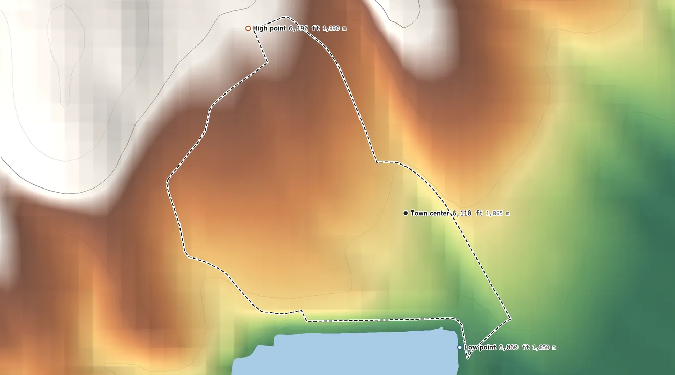 Topographic elevation map of Tuscarora, Nevada, shaded from 6,060 ft on the south side to 6,190 ft at the foot of the Tuscarora Mountains
