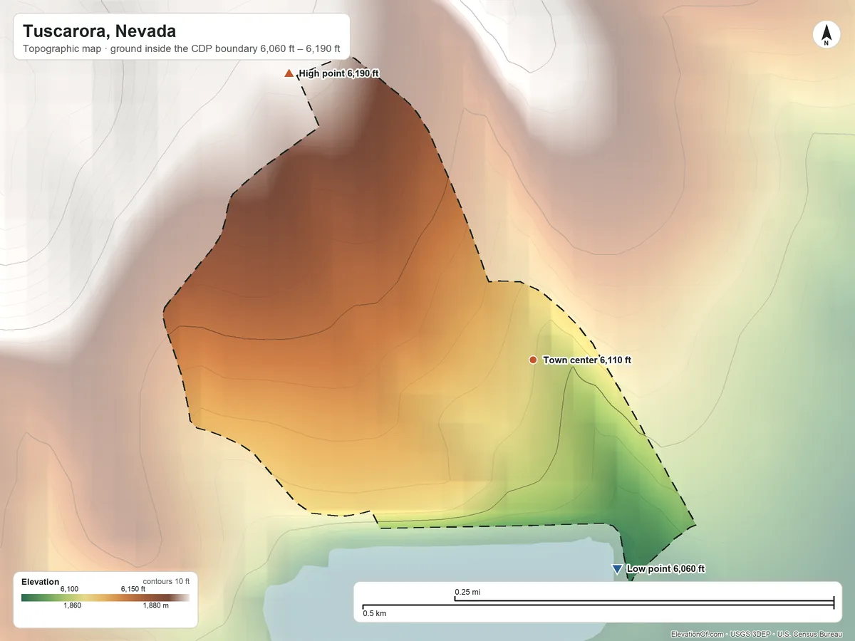 Topographic elevation map of Tuscarora, Nevada, shaded from 6,060 ft on the south side to 6,190 ft at the foot of the Tuscarora Mountains