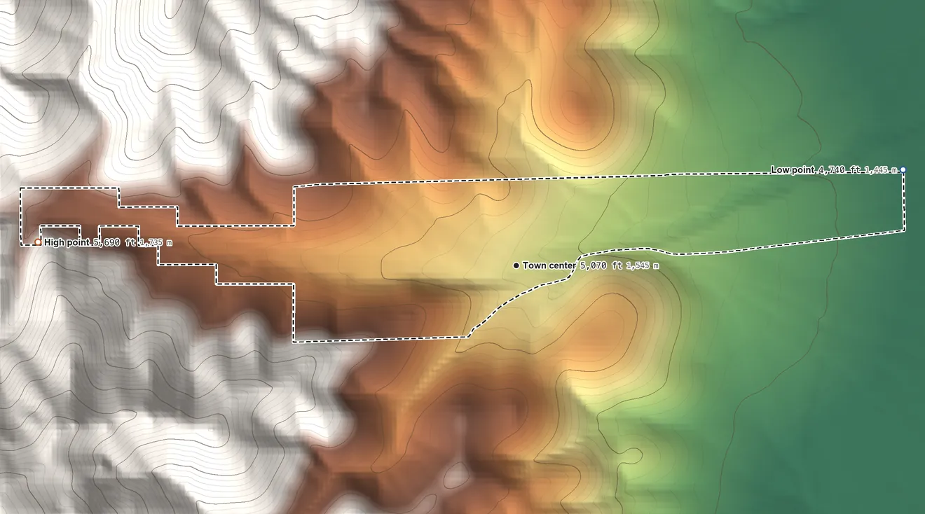 Topographic elevation map of Unionville, Nevada, shaded from 4,740 ft on the east side to 5,690 ft at the foot of the Humboldt Range