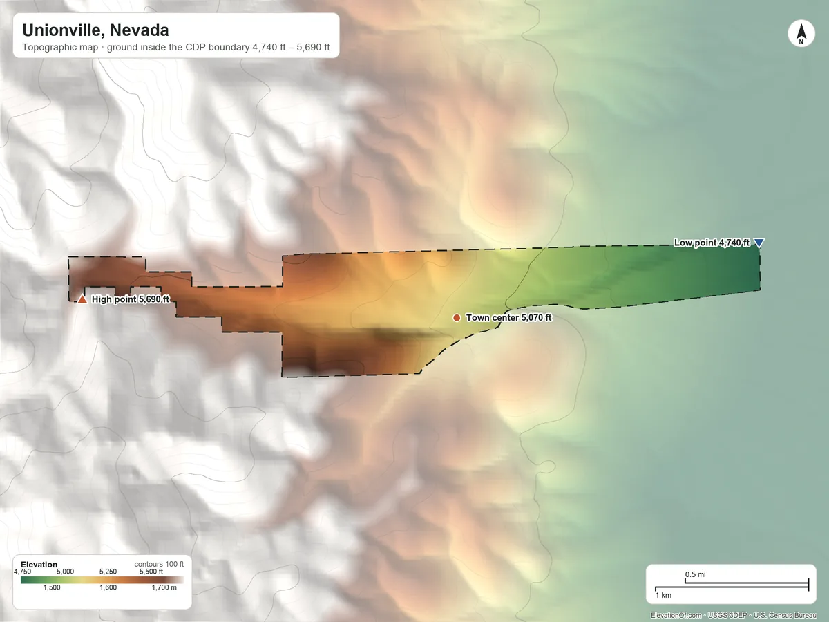 Topographic elevation map of Unionville, Nevada, shaded from 4,740 ft on the east side to 5,690 ft at the foot of the Humboldt Range