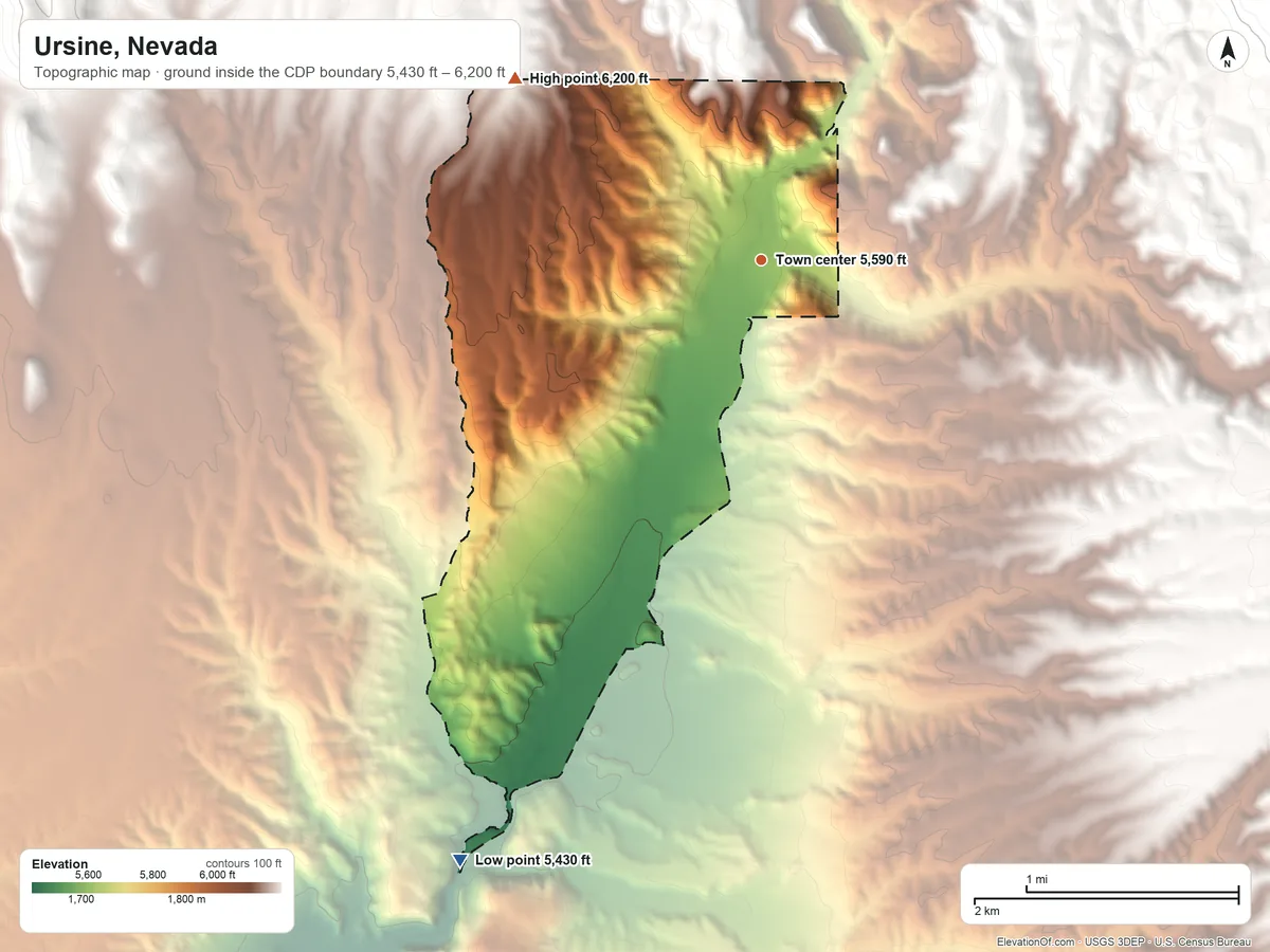 Topographic elevation map of Ursine, Nevada, shaded from 5,430 ft on the southwest side to 6,200 ft at the foot of the Mahogany Mountains