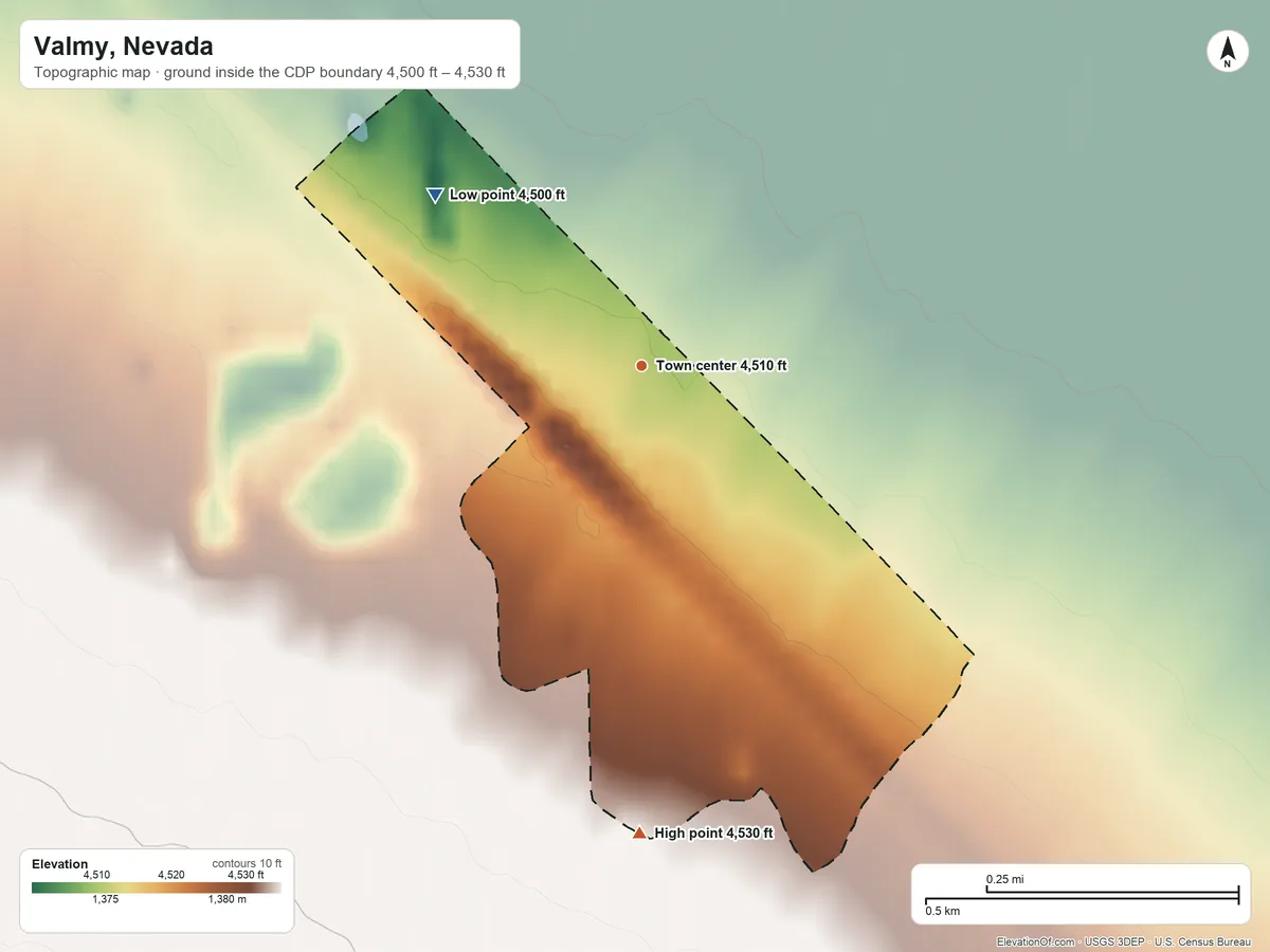 Topographic elevation map of Valmy, Nevada, shaded from 4,500 ft on the northwest side to 4,530 ft on the south side