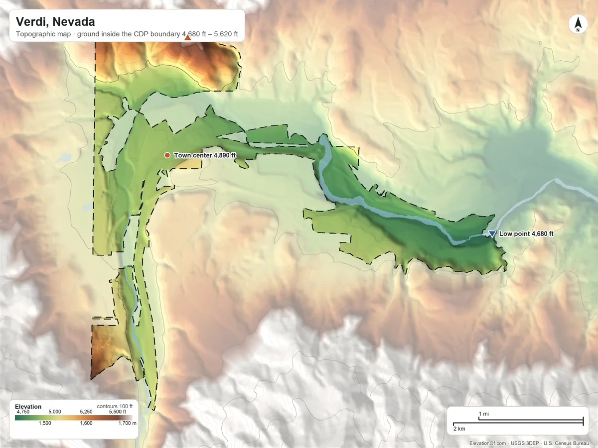 Topographic elevation map of Verdi, Nevada, shaded from 4,680 ft on the east side to 5,620 ft at the foot of the Carson Range