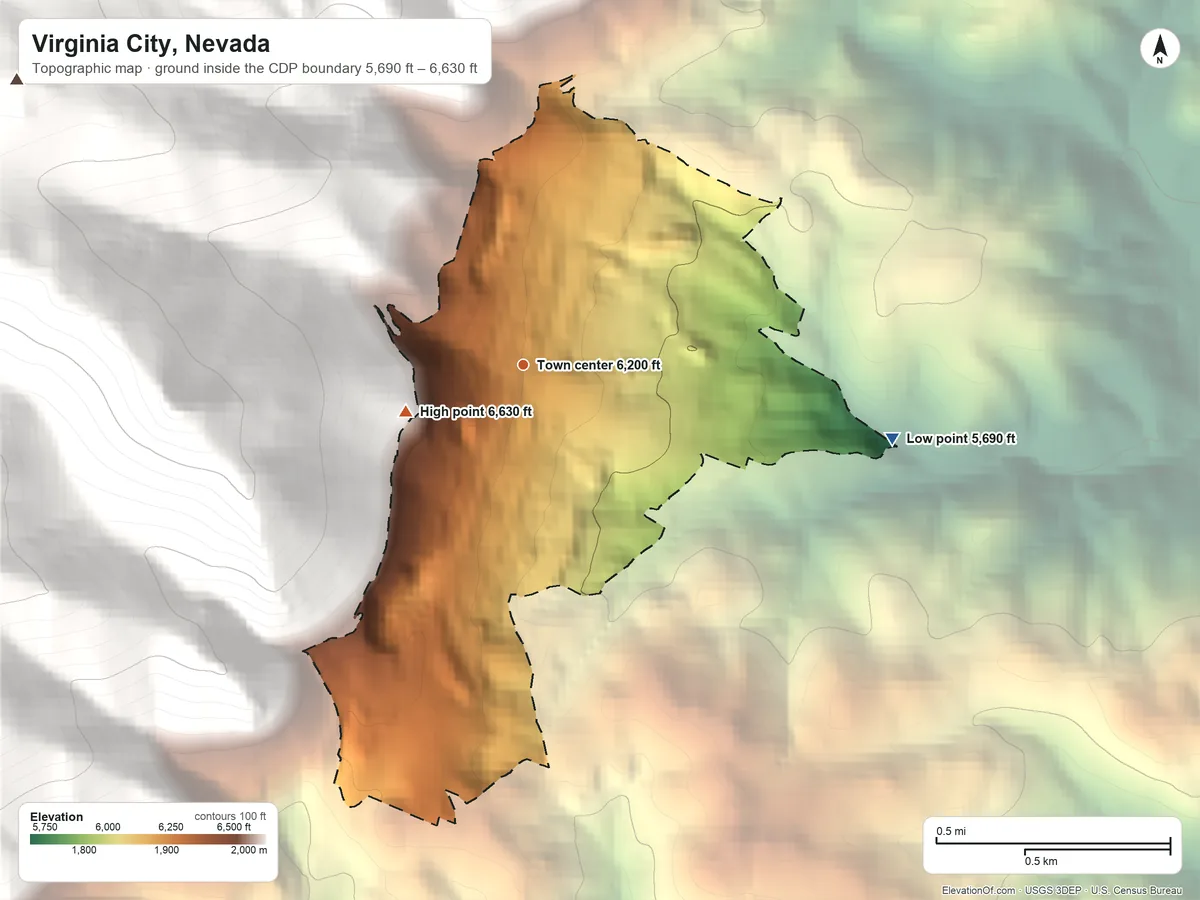 Topographic elevation map of Virginia City, Nevada, shaded from 5,690 ft on the east side to 6,630 ft at the foot of the Virginia Range