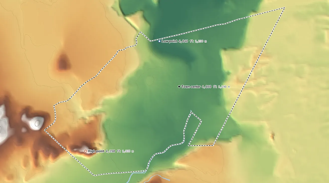 Topographic elevation map of Wadsworth, Nevada, shaded from 4,040 ft on the northwest side to 4,390 ft at the foot of the Diabase Hills