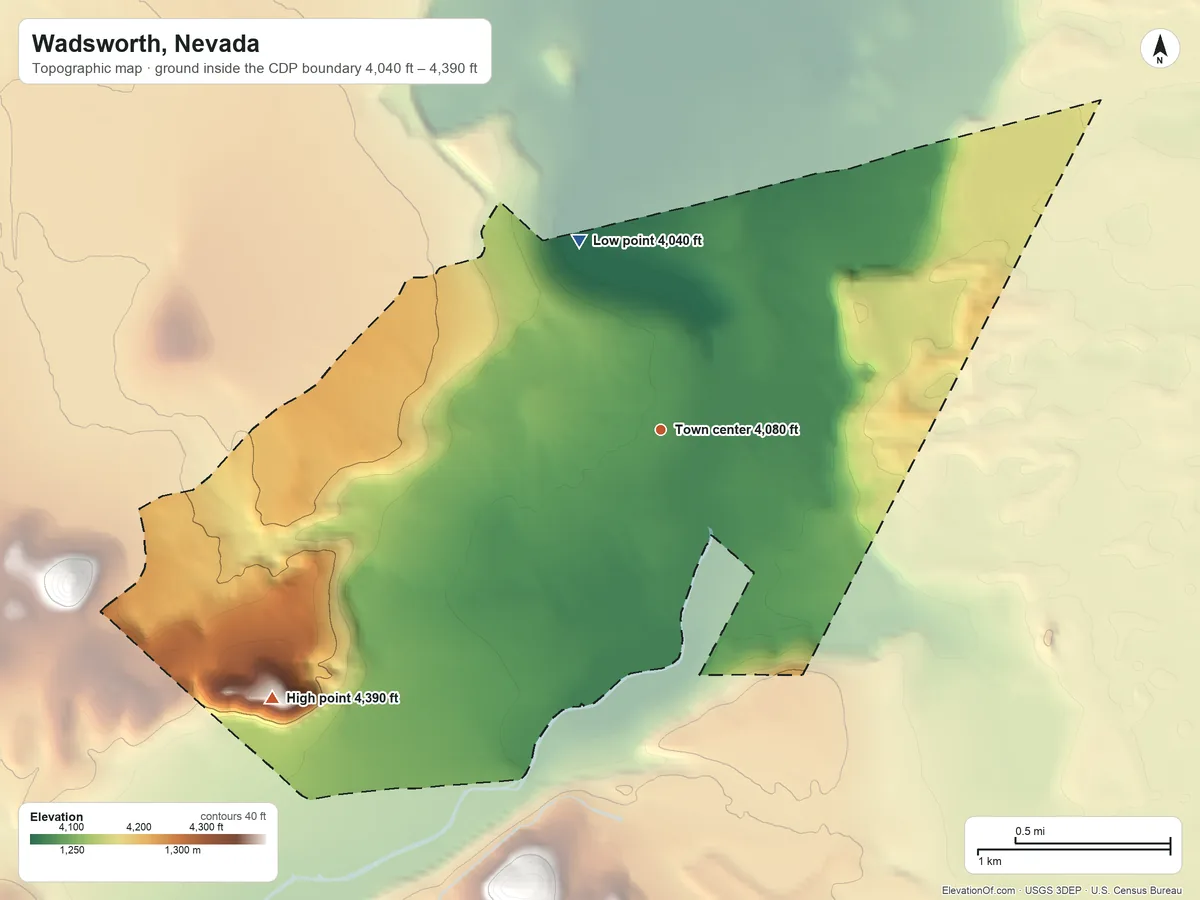 Topographic elevation map of Wadsworth, Nevada, shaded from 4,040 ft on the northwest side to 4,390 ft at the foot of the Diabase Hills